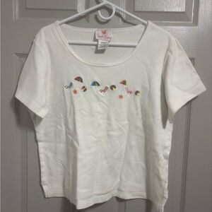 Quacker Factory White Tee with Colorful Umbrella Embroidery